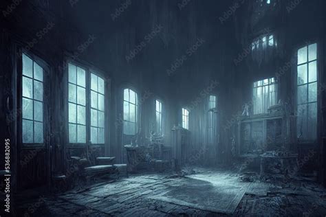 creepy interior of an abandoned building background, concept art, digital illustration, haunted ...