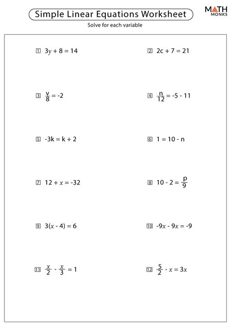 Linear Equations Worksheets with Answer Key