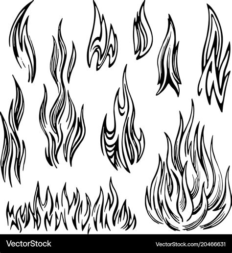 Flame fire set sketch Royalty Free Vector Image