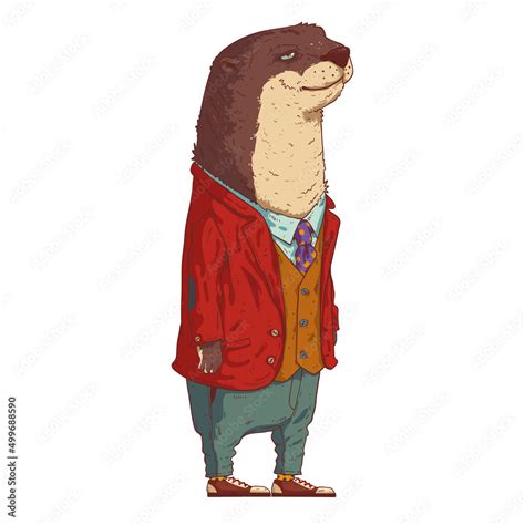 A hipster otter, isolated vector illustration. Calm trendy dressed anthropomorphic otter with a ...