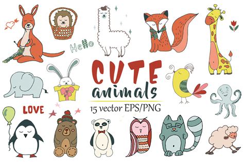 Cute animals Hand drawn doodle Vector Set By EvgeniiasArt | TheHungryJPEG