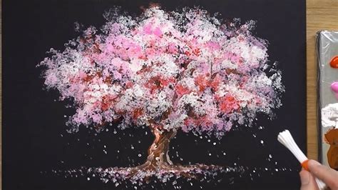 How to Paint a Cherry Tree in Acrylic - Sakura Q-tip Painting Techniques - YouTube