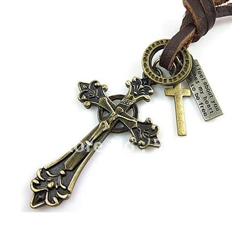 Christian Antique look Cross Necklace with genuine leather - handmade