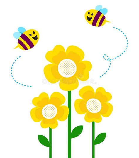 Cute little bees flying around flowers royalty free illustration in ...