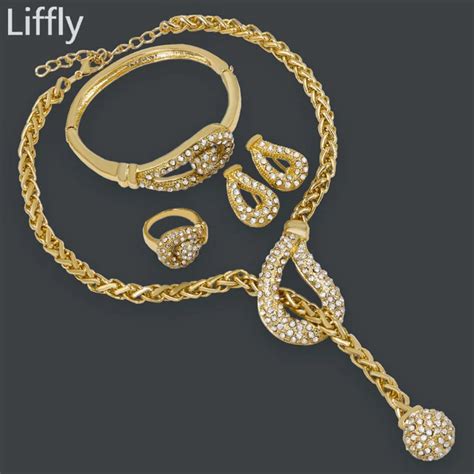 Arabian Jewelry Pendant New Woman Gold Jewelry Sets Necklace Earrings Bracelet Ring Charm Bride ...