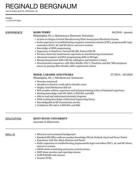 Electronic Technician Resume Samples | Velvet Jobs