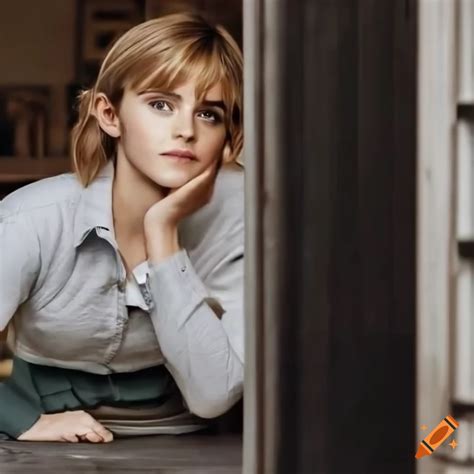 Young woman in country-plaid shirt and high-waist black leather trousers peeking through ...