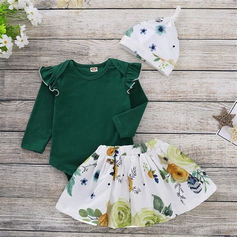 Baby Girl Clothes Outfits Green Spring Long Sleeve Rompers+Skirt+Caps Newborn Bebes 3pcs Sets ...