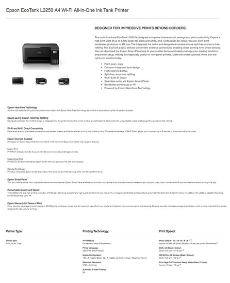 Epson EcoTank L3250 A4 Wi-Fi All-in-One Ink Tank Printer | Print, Scan, Copy | USB 2.0, WIFI ...