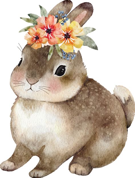 Cute brown rabbit with a wreath of flowers on his head, hand-colored watercolor illustration ...