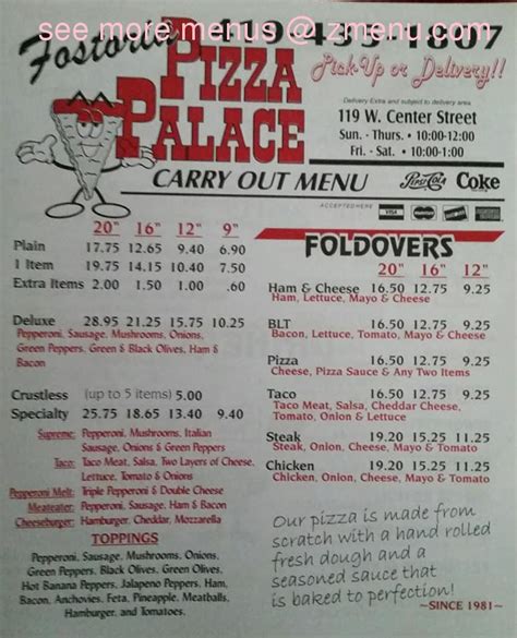 Online Menu of Fostoria Pizza Palace Restaurant, Fostoria, Ohio, 44830 - Zmenu