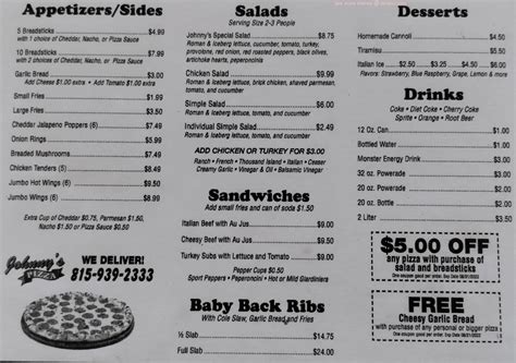 Menu at Johnny's Pizza pizzeria, Kankakee