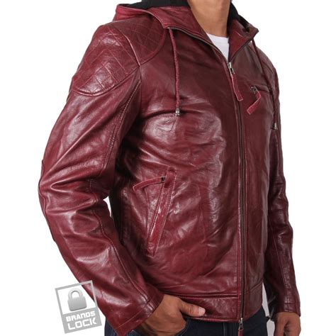 Men's Burgundy Leather Bomber Jacket - Majento