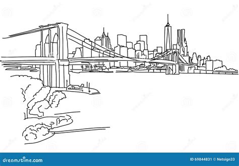 New York Panorama with Brooklyn Bridge Stock Vector - Illustration of black, silhouette: 69844831