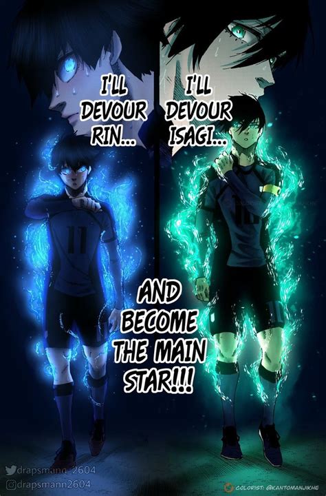 two anime characters standing next to each other in front of a blue background with text that reads