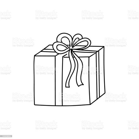 Hand Drawn Gift Decorated With Ribbon And Bow Doodle Drawing Style ...