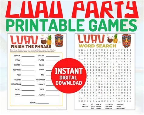 Luau Party Game Bundle Birthday Games Family Game Night Office Party Printable Games Instant ...