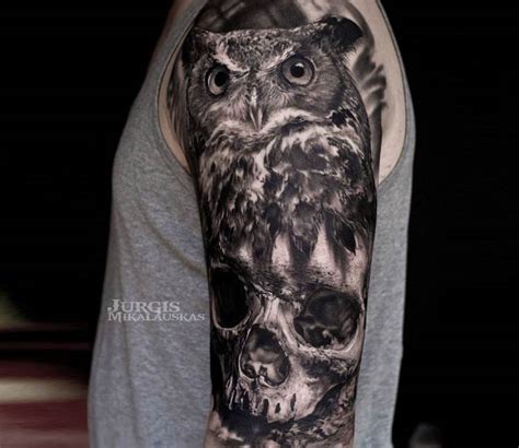 Owl and Skull tattoo by Jurgis Mikalauskas | Post 21011