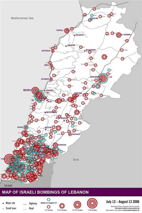 Areas in Lebanon targeted by Israeli bombing, 12 July to 13 August 2006. 2006 Lebanon War ...