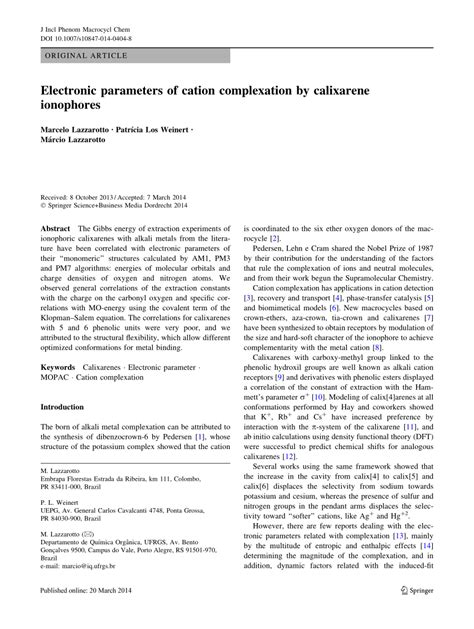 (PDF) Electronic parameters of cation complexation by calixarene ionophores