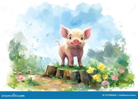 Cute happy pig on farm stock illustration. Illustration of color - 297086846