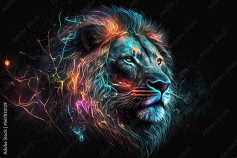 Abstract neon light Lion, artwork design, digital art, wallpaper, glowing, space background ...