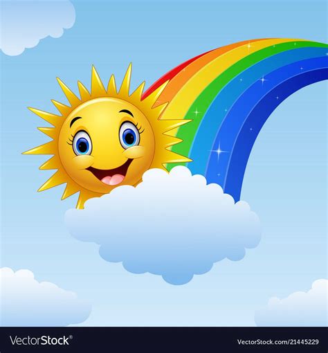 illustration of Smiling sun character near the rainbow and clouds ...