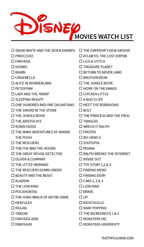 Free Printable Disney Classic Movies List | Disney original movies, Classic movies list, Disney ...