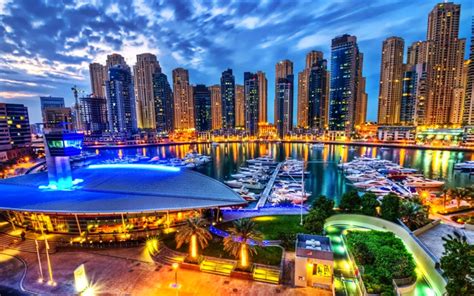 Download wallpapers Dubai, HDR, dock, nightscapes, UAE, skyscrapers, pier, United Arab Emirates ...