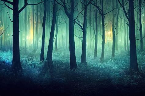 Premium Photo | Dark night forest with glow Dark tree trunks in the fog 3D illustration