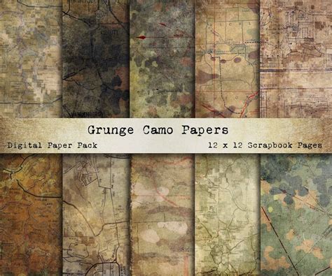 Printable Scrapbook Paper, Grunge Camoflauge, Digital Paper Pack, Junk Journal Pages, Collage ...