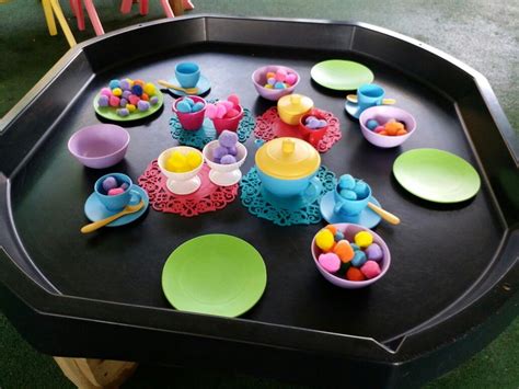 Pompom tea set party messy play idea. Dry sensory bin, tuff spot, tuff ...