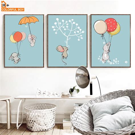 COLORFULBOY Rabbit Balloon Wall Art Canvas Print Watercolor Poster For Kids Room Canvas Painting ...