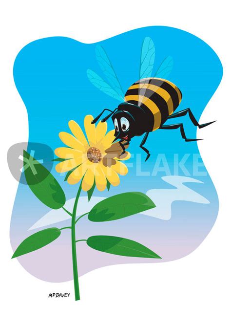 "Happy cartoon bee with yellow flower" Graphic/Illustration art prints and posters by Martin ...