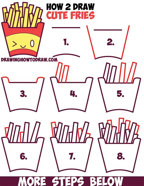 How to Draw Cute Kawaii French Fries with Face on It - Easy Step by Step Drawing Tutorial for ...