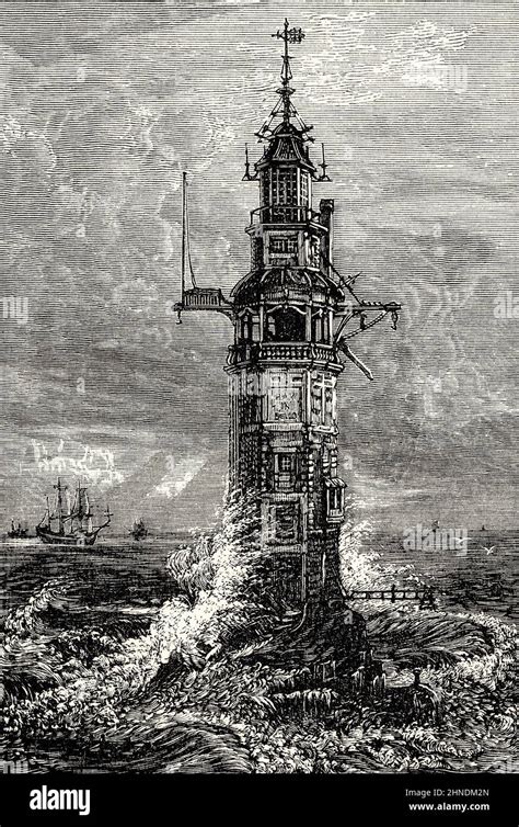 The first lighthouse on Eddystone Rocks built by Henry Winstanley, 1696, Rame Head, Plymouth ...