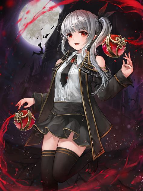 HD wallpaper: anime vampire girl, fang, red eyes, gray hair, moon, bats, night | Wallpaper Flare