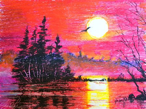 Red Sunset - Oil Pastel Painting, Painting by Tigran Movsisyan | Artmajeur