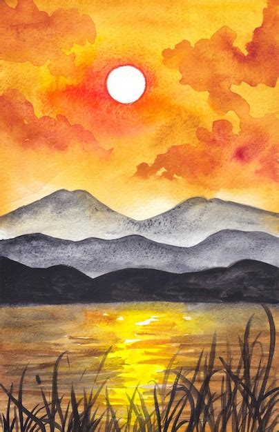 Premium Photo | Sunset landscape watercolor painting background