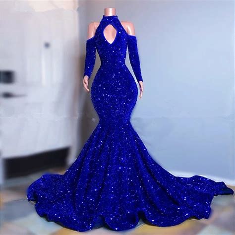 Plus Size Royal Blue Velvet Sequins Prom Dresses Long Sleeves Mermaid ...