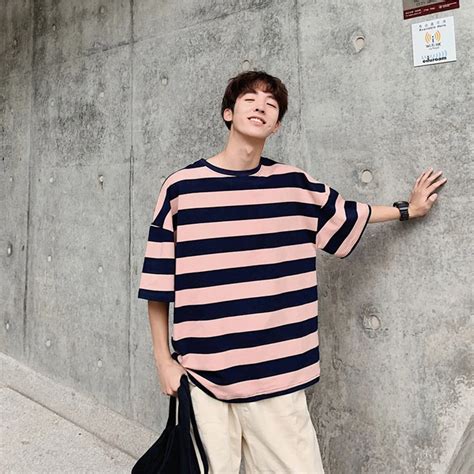 Korean Striped Oversize Tshirt Men Hip Hop Streetwear Graphic Casual Male Tshirts Harajuku Modis ...