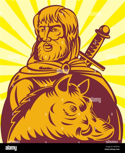 illustration of Frey the Norse god of agriculture with sword and boar Stock Photo - Alamy