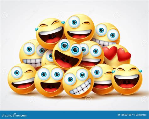 Smiley Emoji Faces Group Vector Design. Smileys Emojis Yellow Circle Face Group. Stock Vector ...