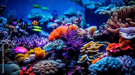 Colorful tropical coral reef with fish. Vivid multicolored corals in the sea aquarium. Beautiful ...