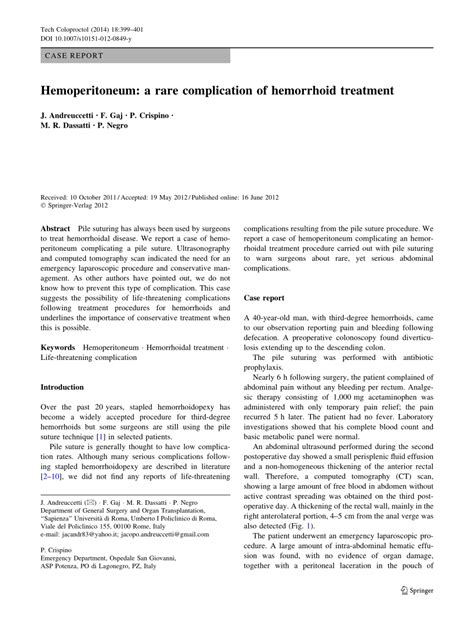 (PDF) Hemoperitoneum: A rare complication of hemorrhoid treatment