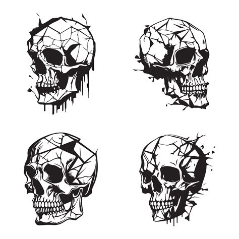 Human broken skull black outline hand drawing sketch vector set isolated on white background ...