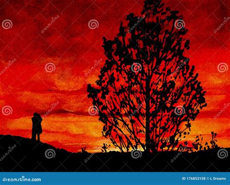 Lovers Red Sky Sunset Silhouette Painting Stock Illustration - Illustration of skies, black ...