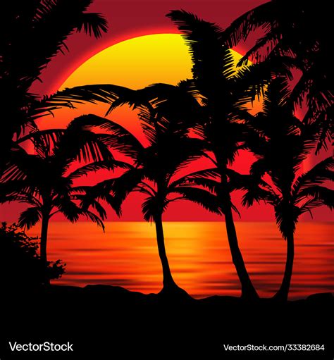 Sunset beach with palms landscape Royalty Free Vector Image