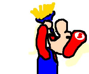 Mario eats Spaghetti with a funnel. - Drawception