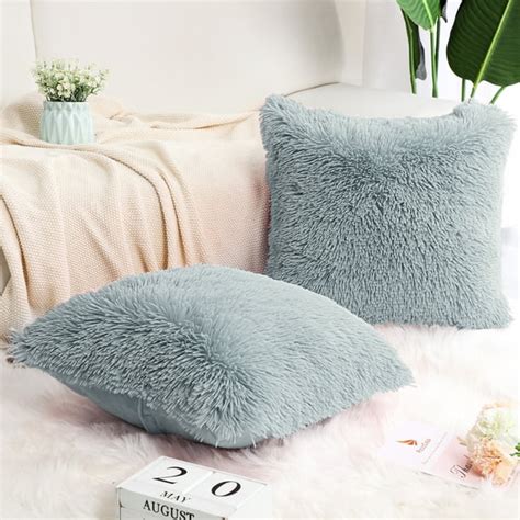 Piccocasa Pack of 2 Soft Fuzzy Faux Fur Throw Pillow Covers Long Shaggy Cushion Covers, Light ...